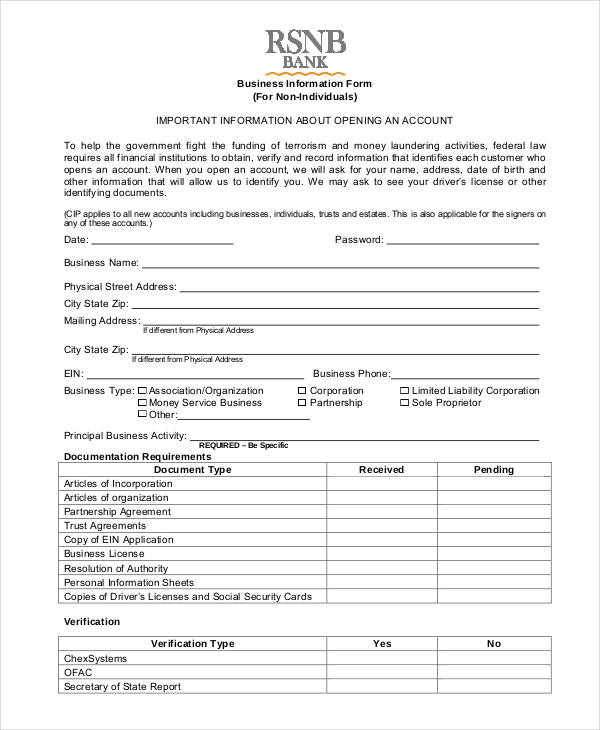 Business Information Form Template