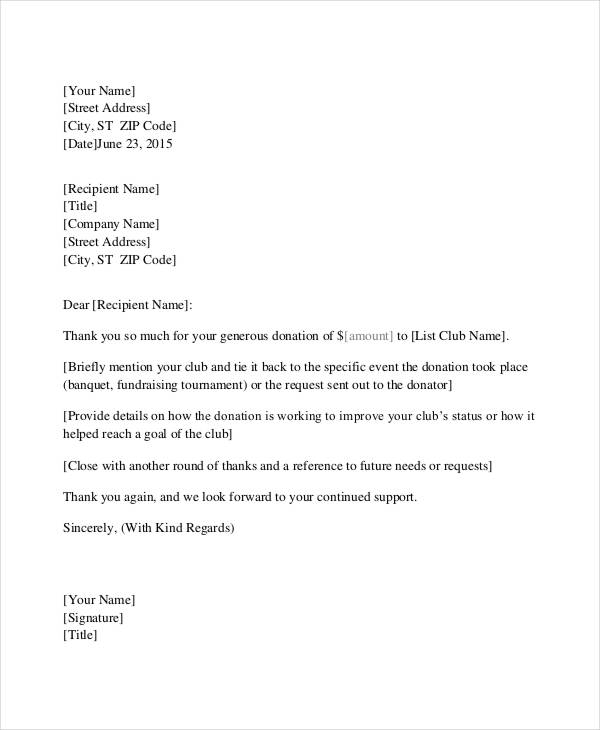 Format Of Thanks Giving Letter For Donation