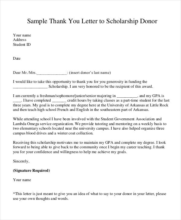scholaship donation thank you letter template
