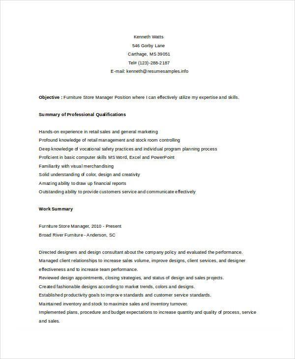 furniture store manager resume
