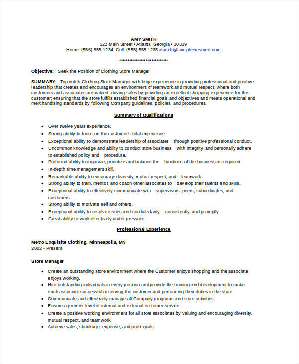duties of a store manager resume
