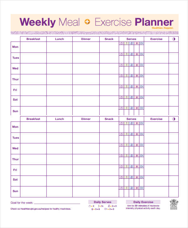 weekly meal exercise planner