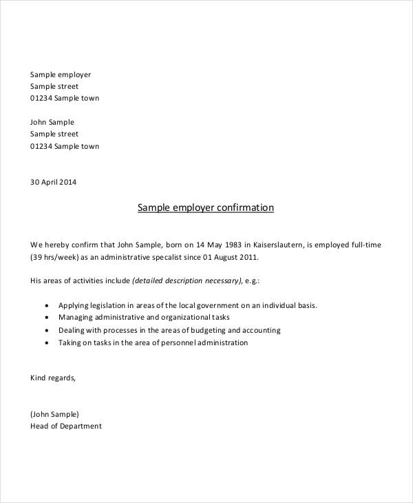 Format Of Employment Confirmation Letter