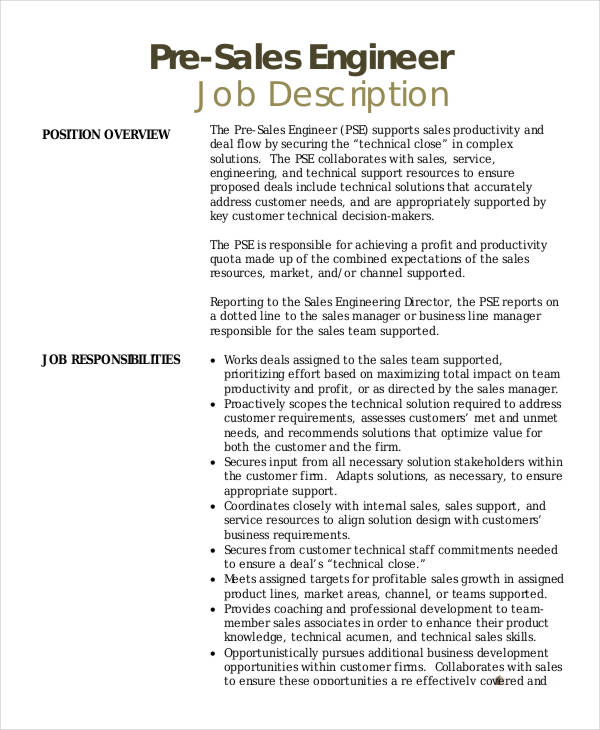 10 Sales Engineer Job Description Templates Pdf Doc Free Premium Templates