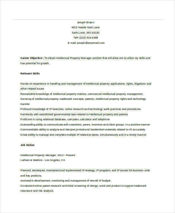 intellectual property manager resume