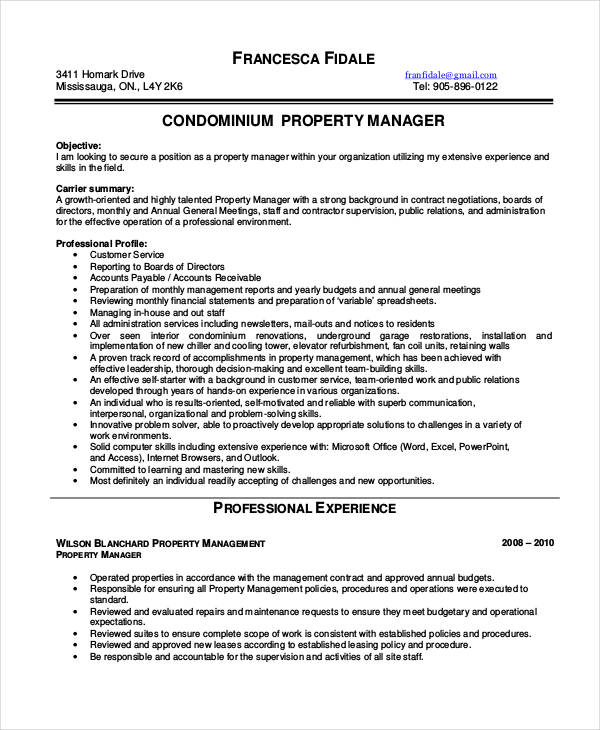 resume examples property manager