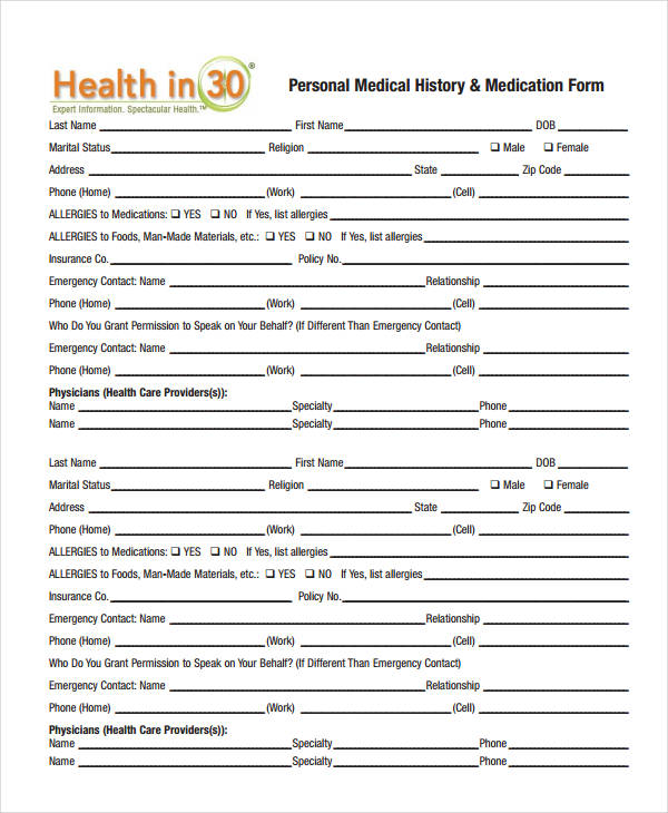 Medical History Form 9 Free PDF Documents Download