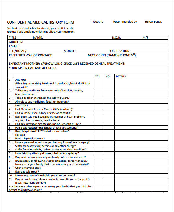 free medical history form template