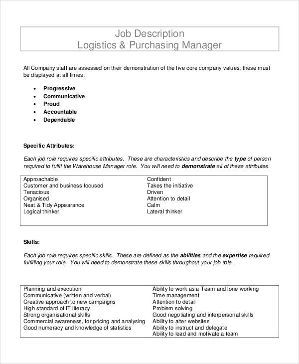 job description logistics purchasing manager template