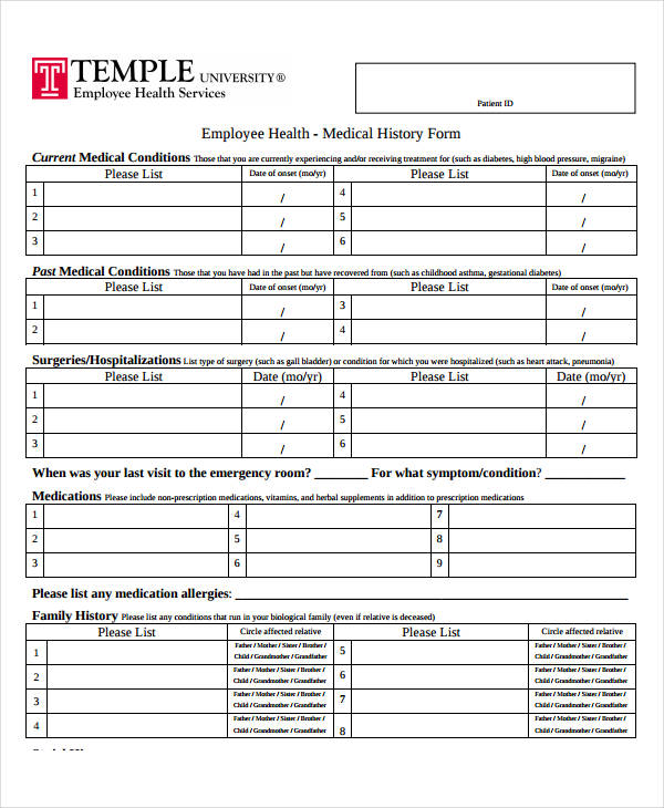 employee medical history form