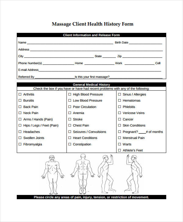 massage medical history form template