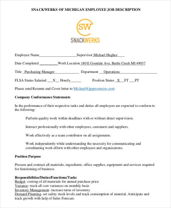 snackwerks purchasing manager job description