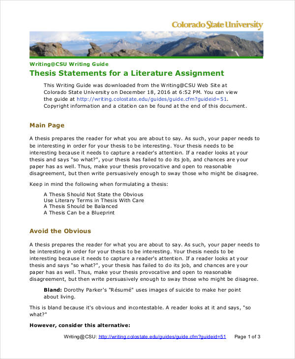 literary thesis statement template