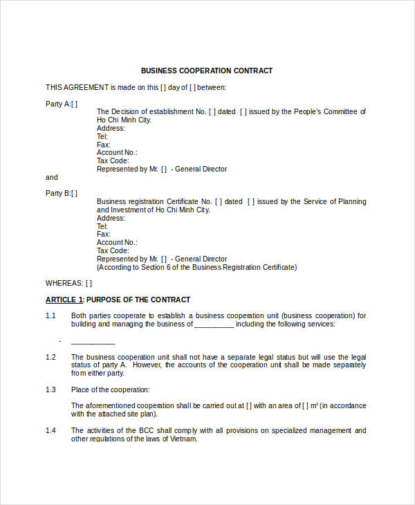 business co operation contract template