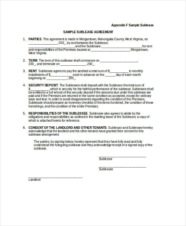 standard sublease contract