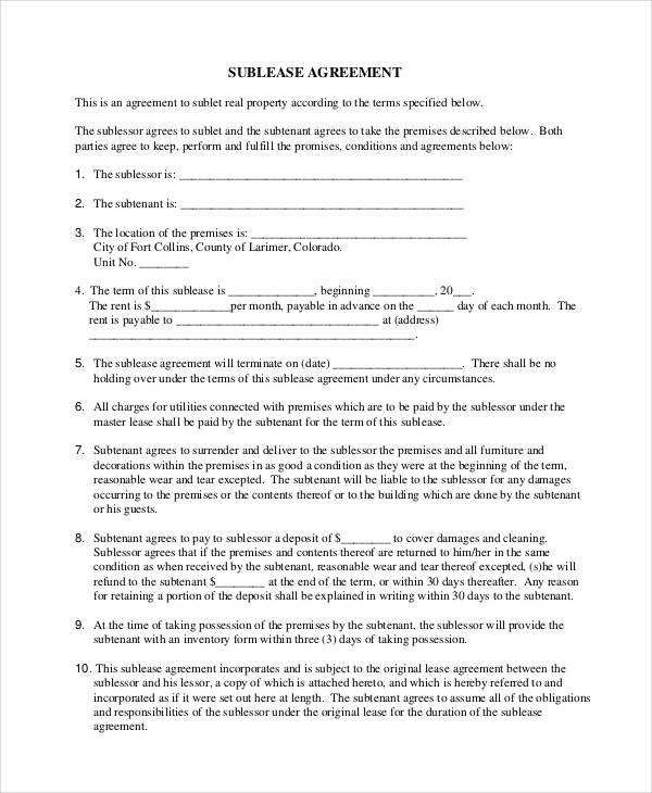 sublease agreement contract