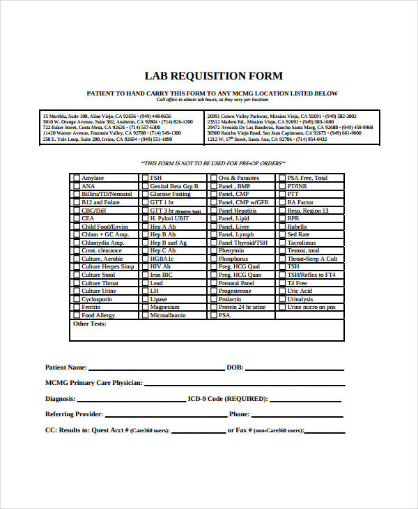 lab requisition form template