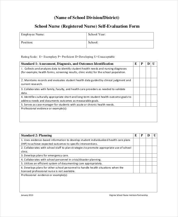 nurse self evaluation sample