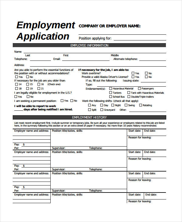 Generic Employment Application Template - 8+ Free PDF Documents ...