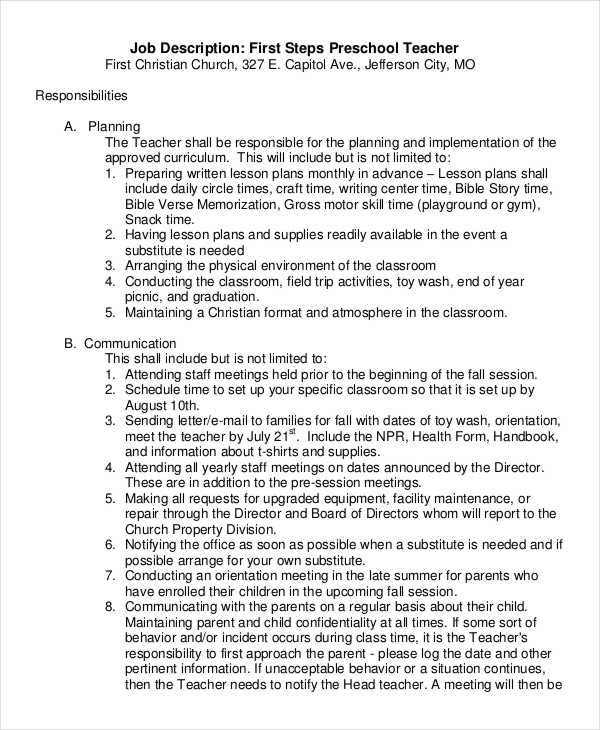 Preschool Job Description 17 Examples Format Pdf Examples Bank2home Com   First Steps Preschool Teacher Job Description 