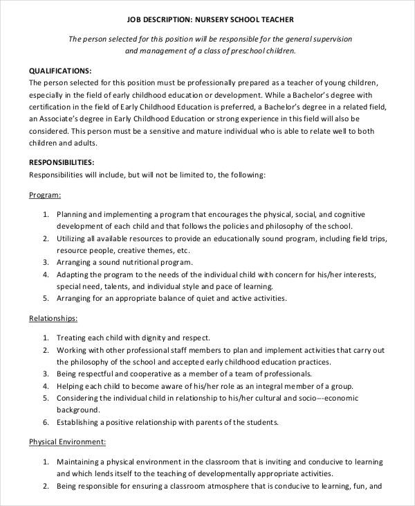 nursery preschool teacher job description