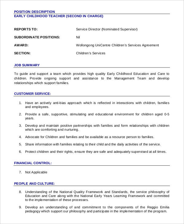 Preschool Teacher Job Description Template