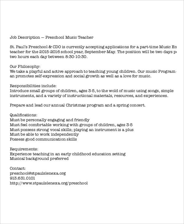 preschool music teacher job description