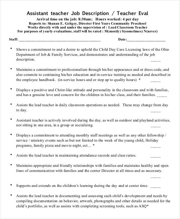 assistant preschool teacher job description