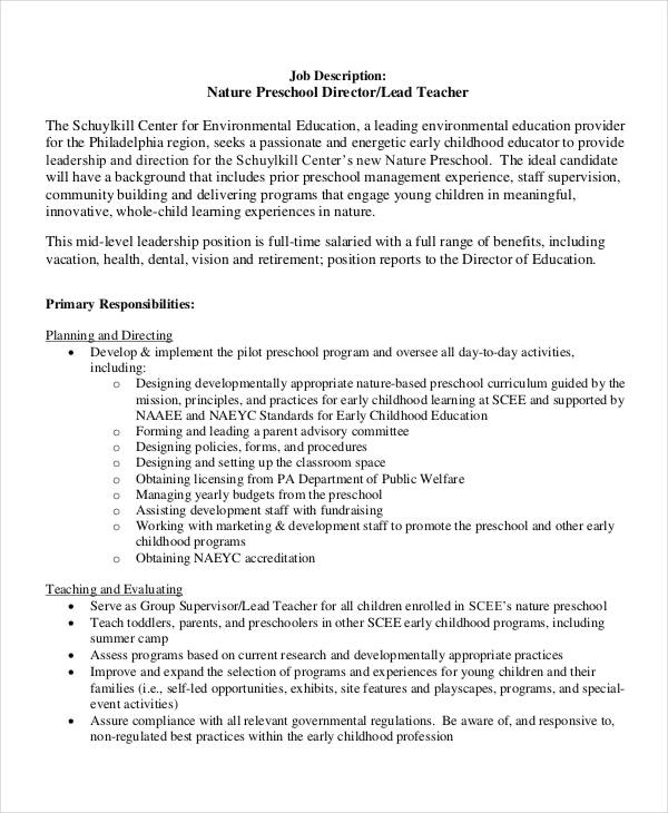 10 Preschool Teacher Job Descriptions In PDF