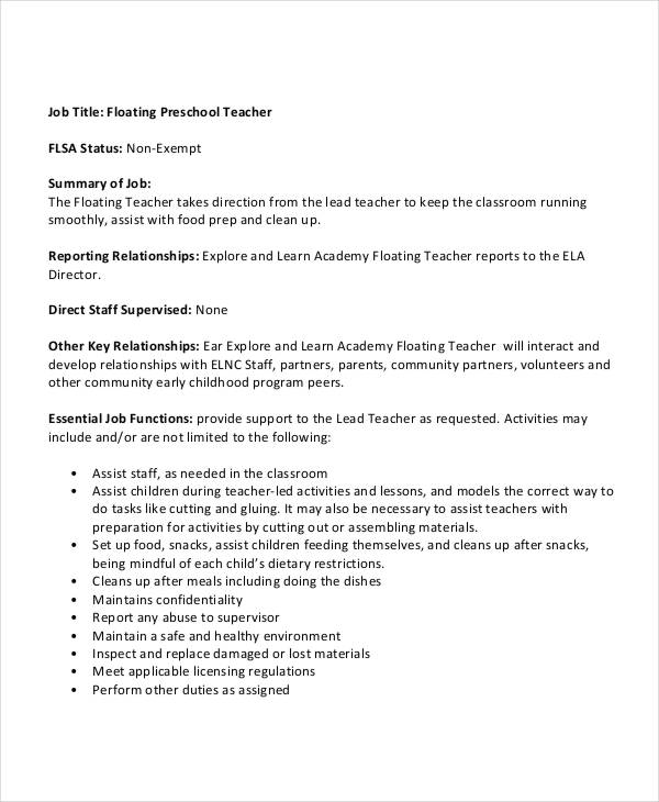 10+ Preschool Teacher Job Descriptions in PDF