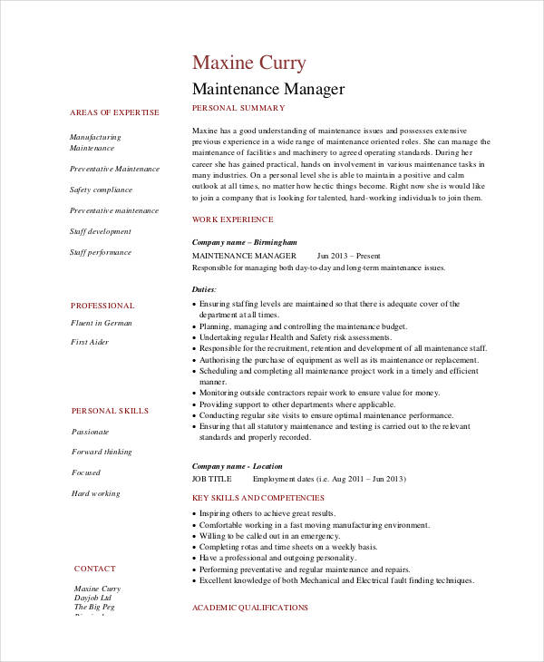 maintenance manager resume