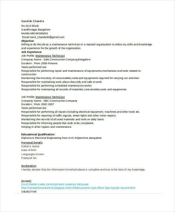 Maintenance Resume 9 Free Word PDF Documents Download Maintenance Resume 9 Free Word PDF Documents Download