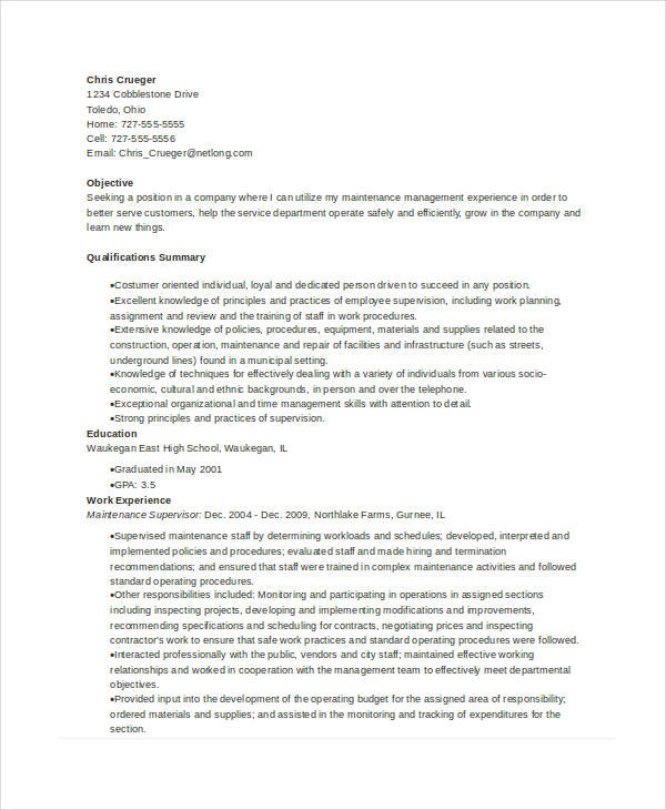 Maintenance Resume - 9+ Free Word, PDF Documents Download ...