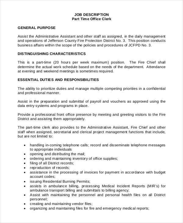 13 Office Clerk Job Descriptions PDF DOC   Job Description For Part Time Office Clerk 