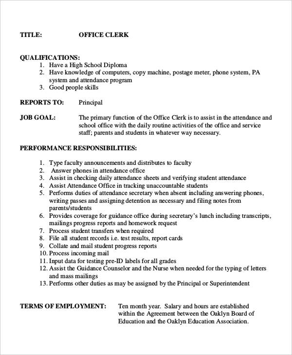13  Office Clerk Job Descriptions PDF DOC