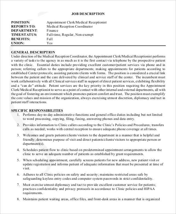 medical office clerk job description template in pdf