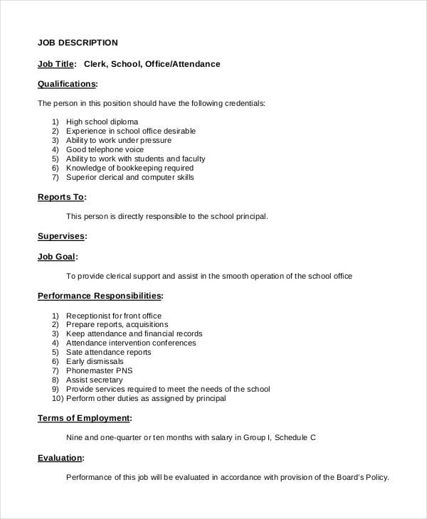 school office clerk job description template