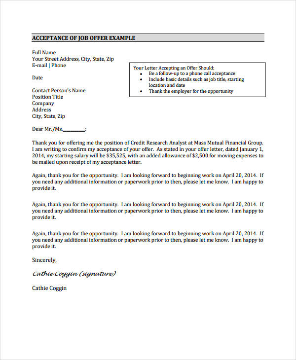 acceptance letter for job offer example