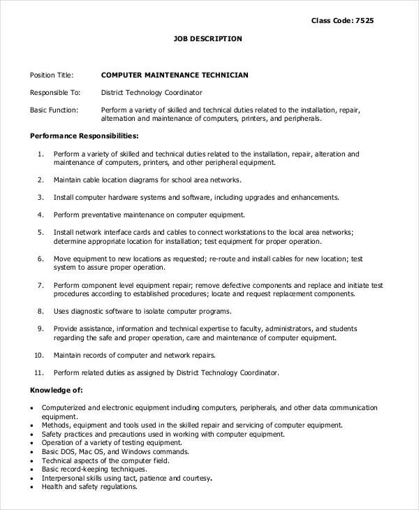 Computer technician job description responsibilities