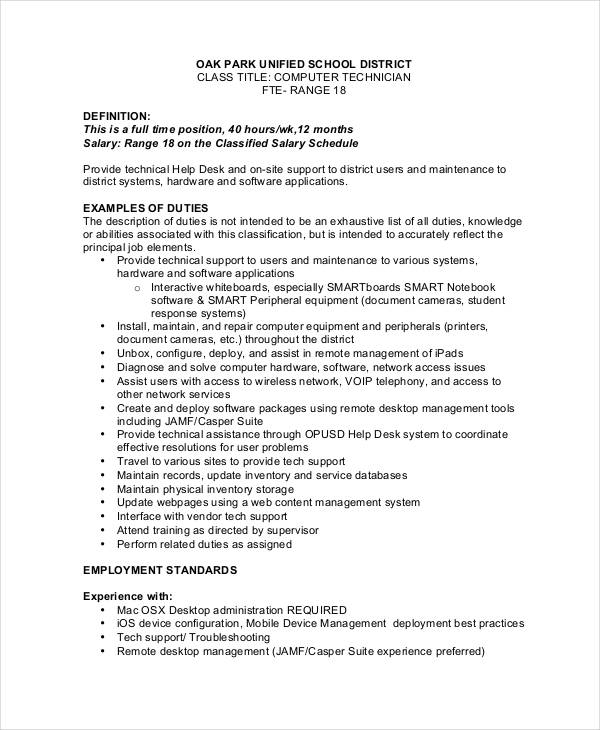 computer support technician job description