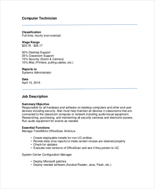 10+ Computer Technician Job Description Templates PDF, DOC