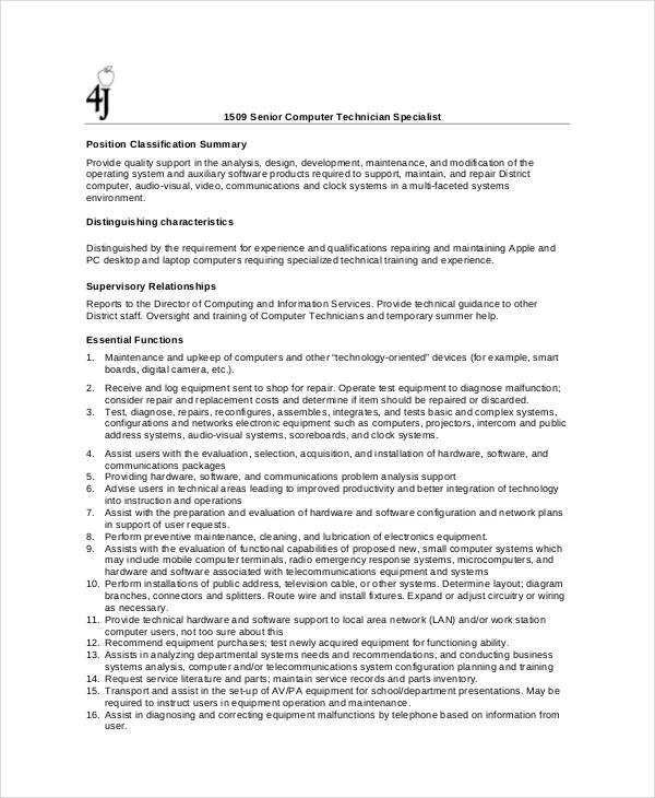 10 Computer Technician Job Description Templates Pdf Doc