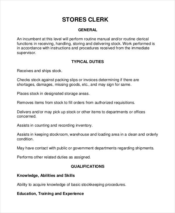 stores clerk job description