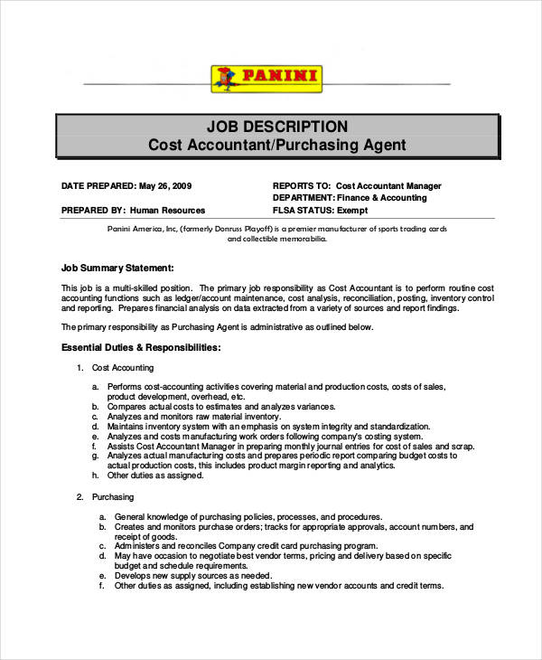 cash accountant purchasing agent job description