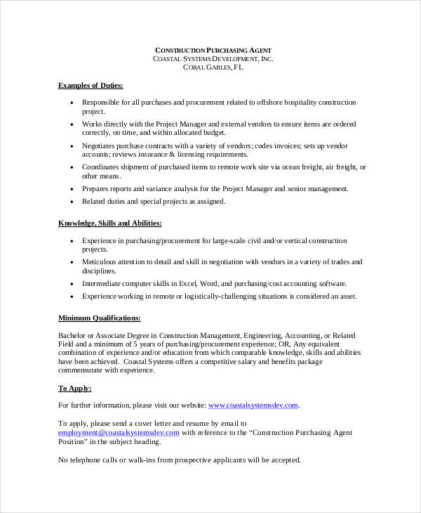 construction purchasing agent job description