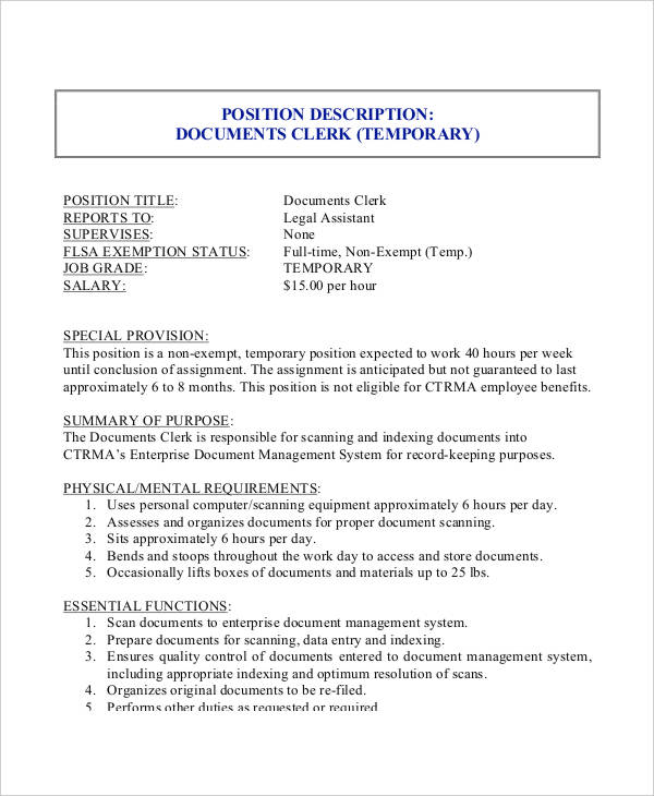 documents clerk job description