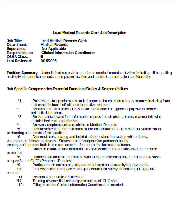 lead medical records clerk job description