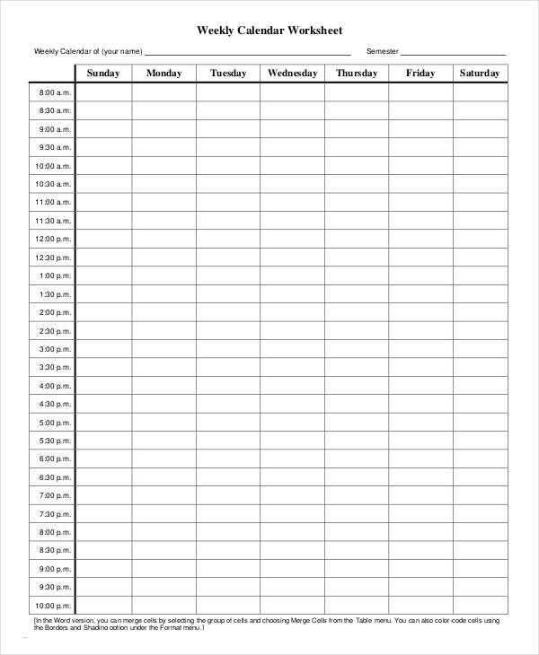 blank printable weekly calendar worksheet template