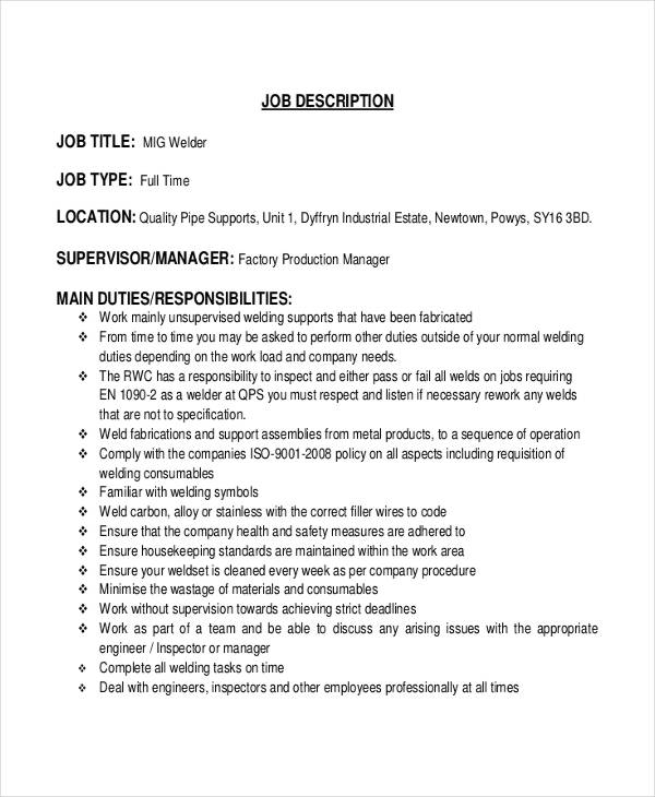 Welder Job Description - 10+ Free Word, PDF Documents Download