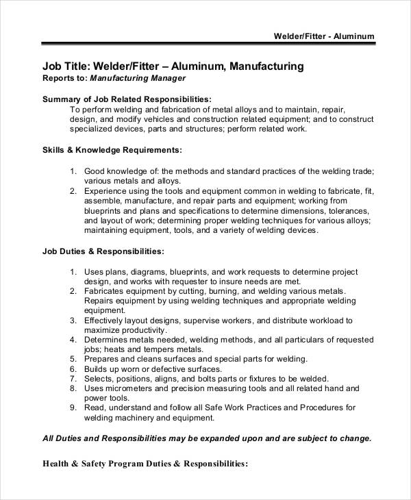 aluminium welder job description template